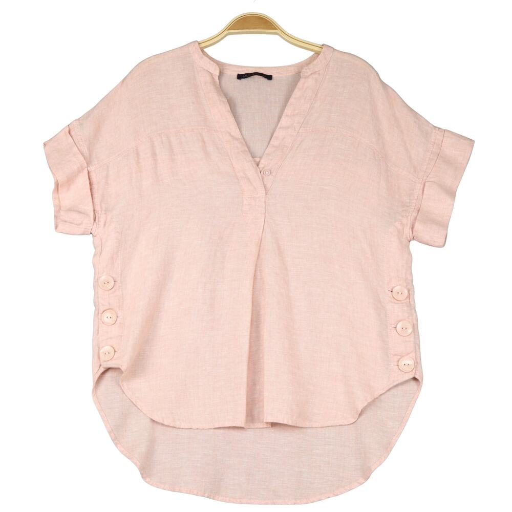 M&S 100% Linen Relaxed Popover Top 2 V-Neck Pink Short Sleeve Coastal Lagenlook